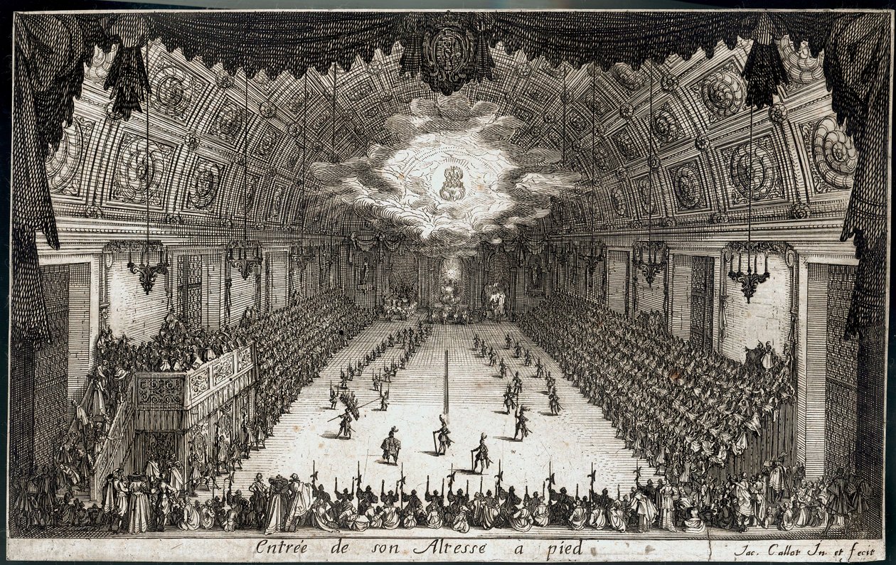 Gevecht bij de barrière: Intocht te voet van Zijne Hoogheid Hertog Karel IV van Lotharingen ... (gravure) door Jacques Callot
