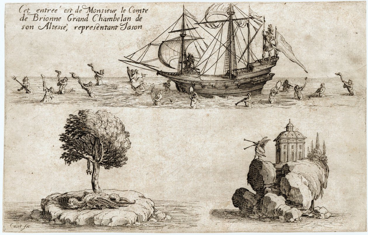 Combat a la barriere: de intocht van Monsieur le Comte de Brionne, Grand Chambellan van Zijne Hoogheid Karel IV van Lotharingen ... (gravure) door Jacques Callot