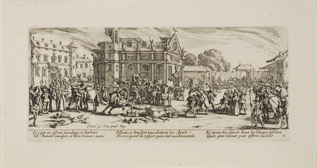 Vernietiging van een klooster, plaat zes uit De ellende van de oorlog door Jacques Callot