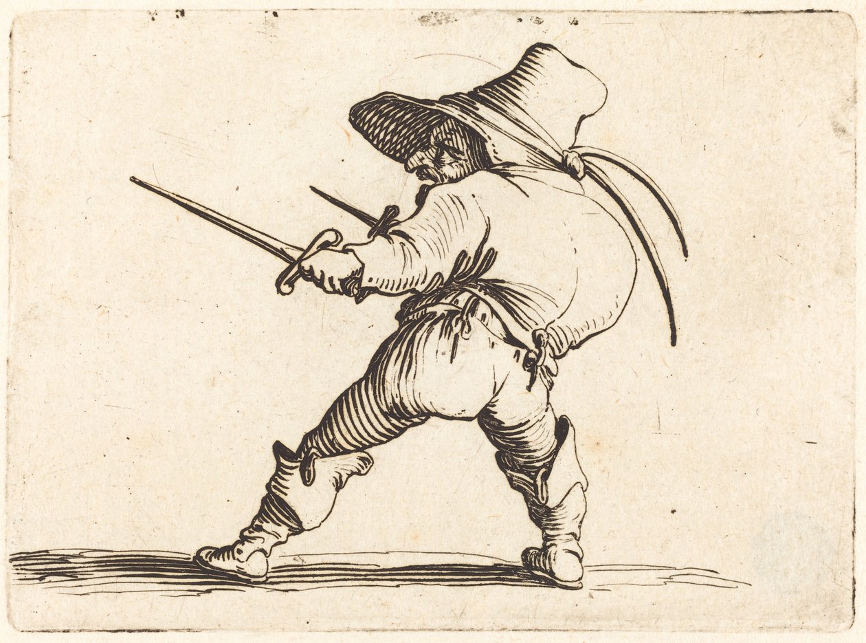 Duelist met zwaard en dolk door Jacques Callot