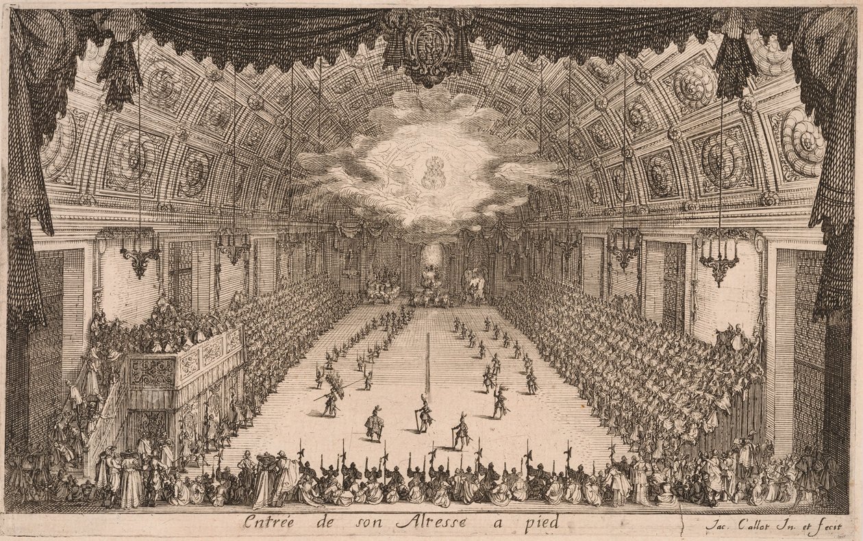 Hertog Karel IV die te voet aankomt, uit Combat à la Barrière door Jacques Callot