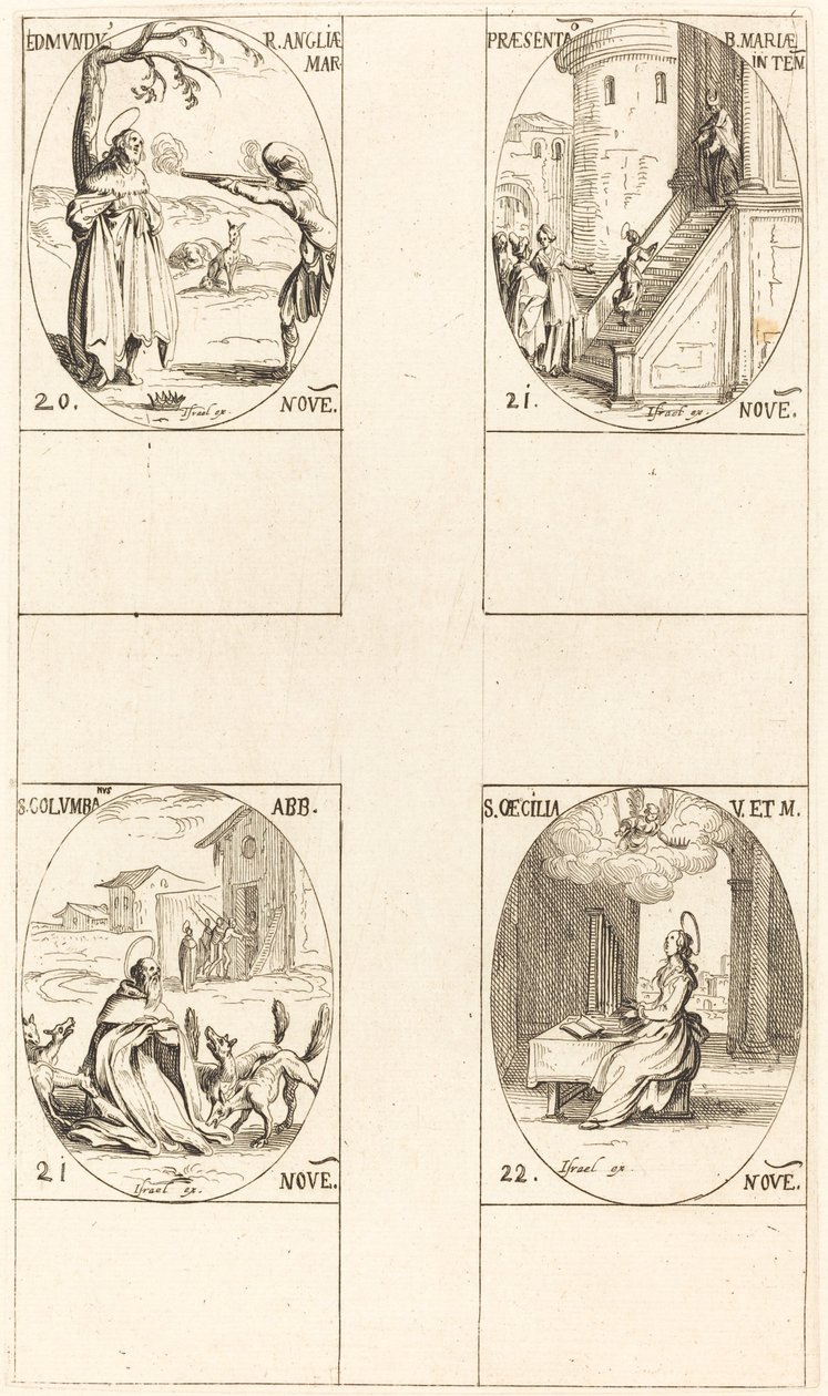 Edmund, koning van Engeland, martelaar; Presentatie van de Maagd; St. Columban; St. Cecilia door Jacques Callot