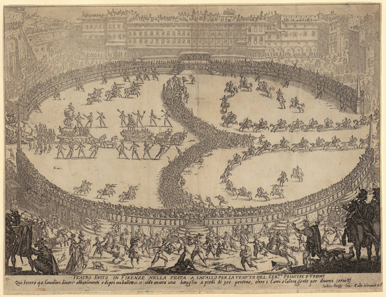 Aankomst van de wagens en parade van de infanterie en cavalerie op de Piazza Santa Croce in Florence ter ere van de prins van Urbino, blad 6 uit de serie „Oorlog van de Schoonheid“ door Jacques Callot
