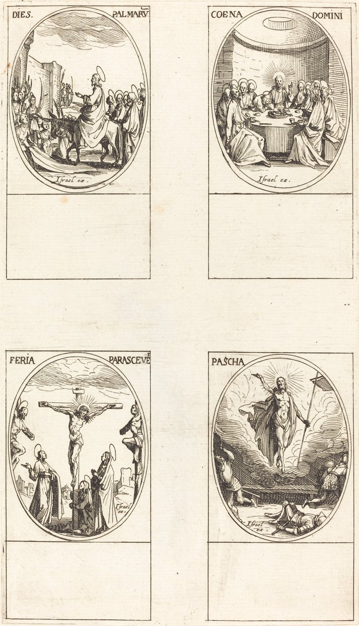 Intocht in Jeruzalem; Laatste Avondmaal; Kruisiging; Opstanding door Jacques Callot