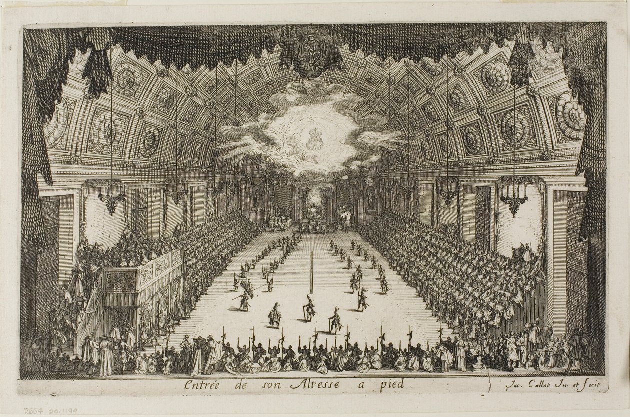 Ingang van Zijne Hoogheid te voet, uit Het gevecht bij de barrière door Jacques Callot