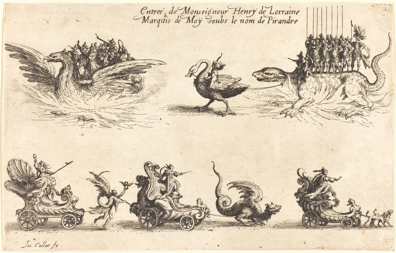 Intocht van Monseigneur Henry de Lorraine, Markies de Moy, onder de naam Pirandre door Jacques Callot