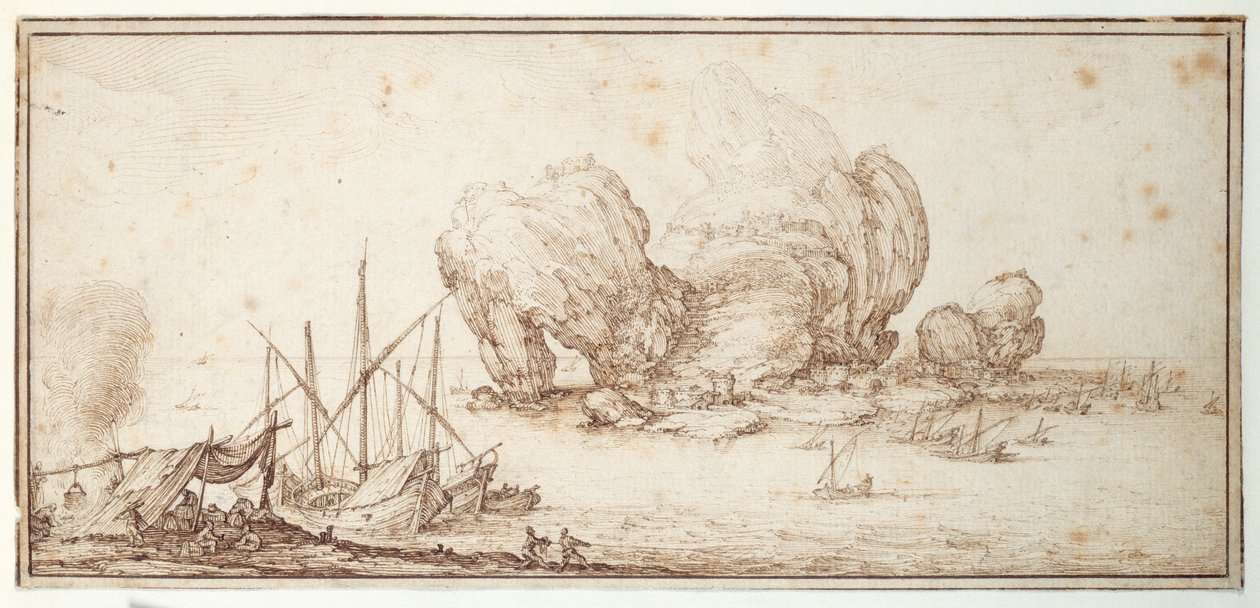 Fantastische rotsen, versterkt. Scheepvaart. Zeelieden bivakkeren in zicht van hun vaartuig (Le Grand Rocher) door Jacques Callot