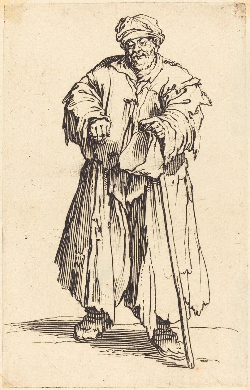 Dikke bedelaar met neergeslagen ogen door Jacques Callot