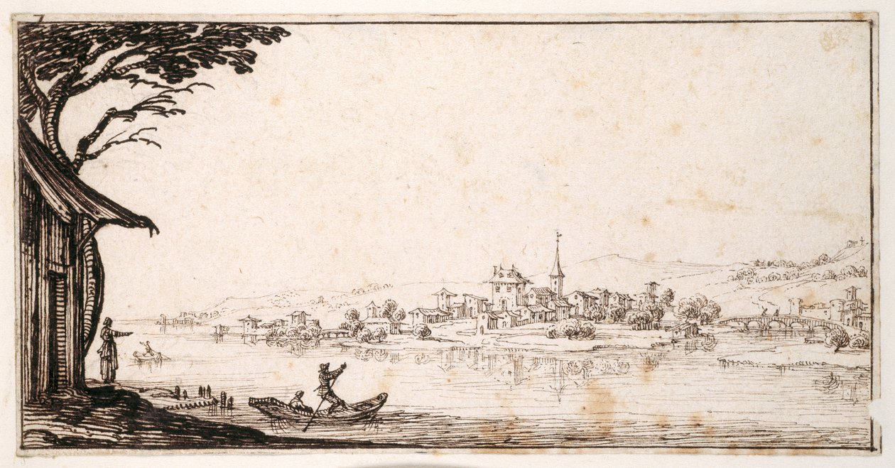 Een passagier overzetten over een rivier naar een klein stadje verbonden door een brug met een kasteel door Jacques Callot