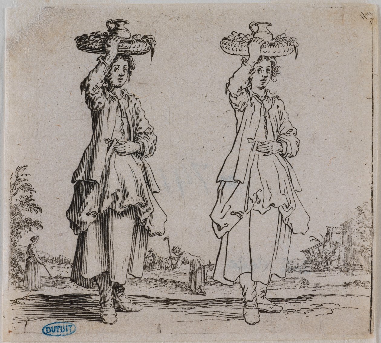 Diverse figuren, De boerin van voren gezien met een mand op haar hoofd. Zesde nummer uit een reeks van 16 stukken (Lieure 203, Meaume 741) door Jacques Callot