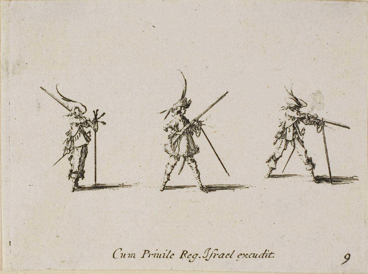 Het Geweer Afvuren, plaat negen uit De Militaire Oefeningen door Jacques Callot