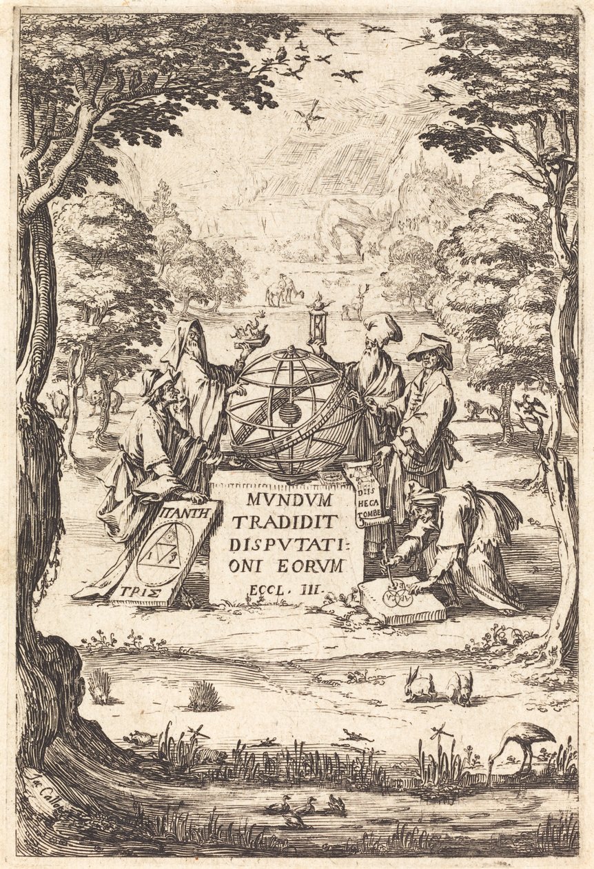 Frontispice voor de Heilige Cosmologia (Titel met astrologen) door Jacques Callot