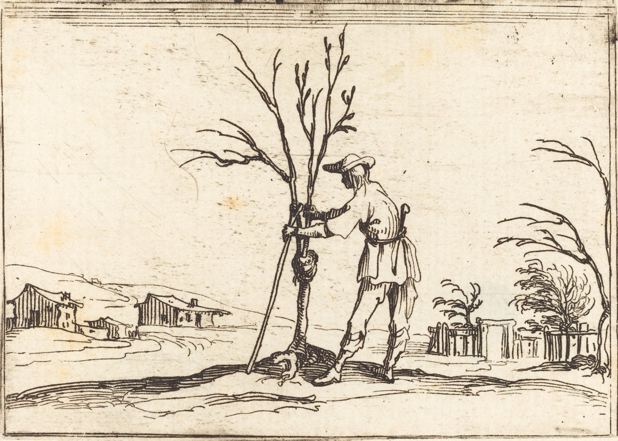 Tuinman die een boom snoeit door Jacques Callot