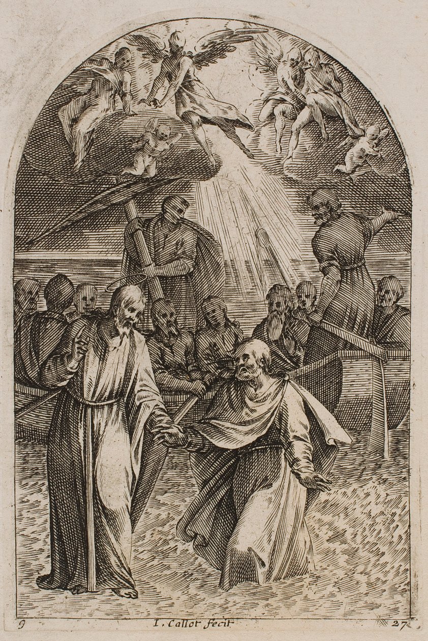 Jezus en de heilige Petrus lopen over het water, uit de serie „Afbeeldingen van Rome“ door Jacques Callot
