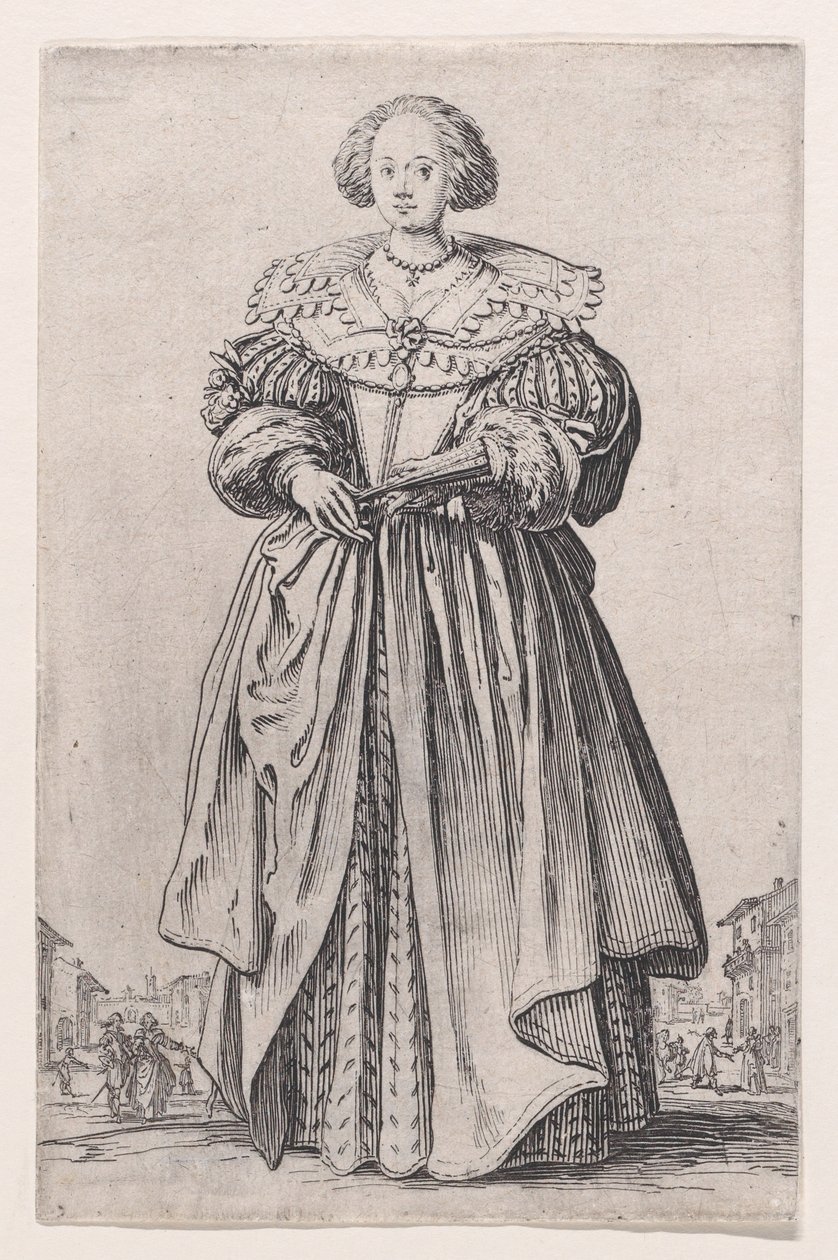 De dame met een waaier, uit „De adel” door Jacques Callot