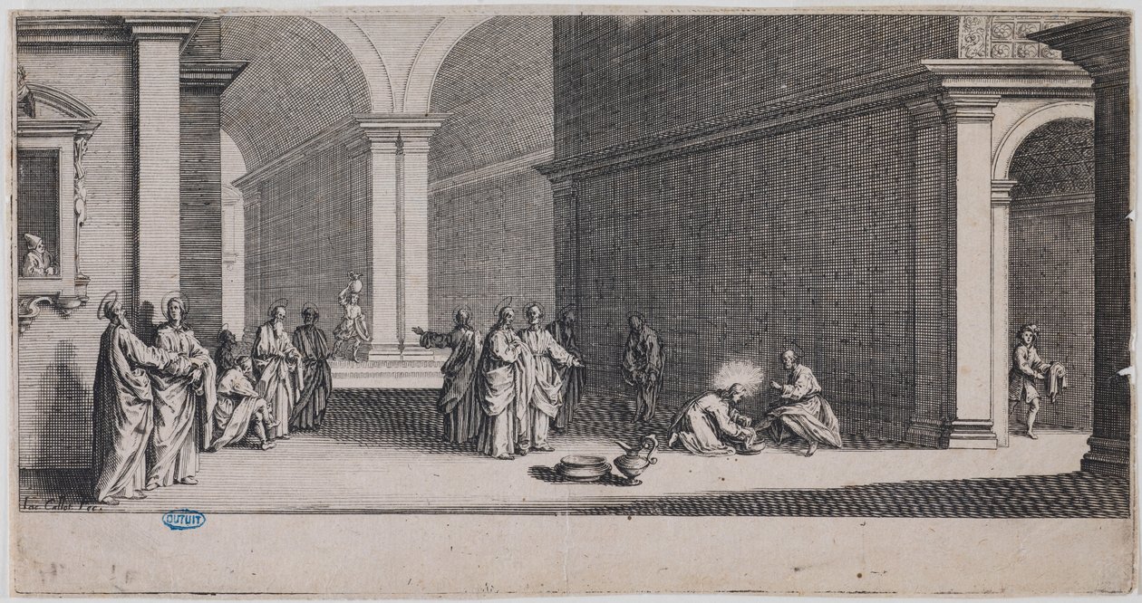 De Grote Passie, De voetwassing. Eerste blad uit een reeks van 7 bladen (Lieure 281, Meaume 12) door Jacques Callot