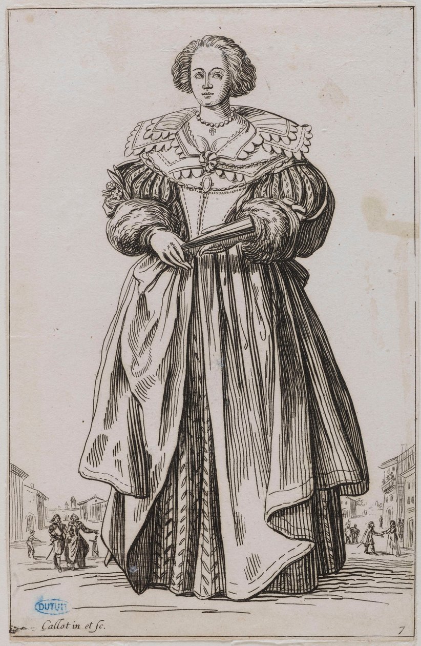 De adel, De dame met de waaier. Negende deel van een reeks van 12 stukken (Lieure 557, Meaune 683) door Jacques Callot