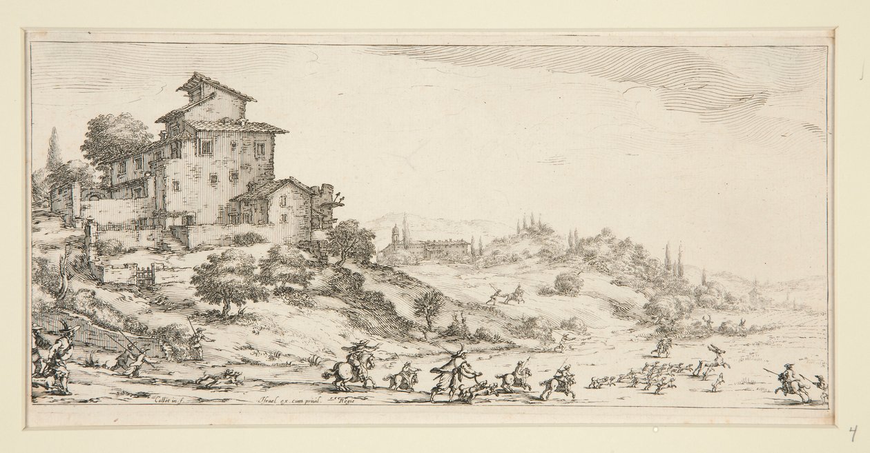 Het Hertenjacht bij het Landhuis, uit Landschappen voor Giovanni de Medici door Jacques Callot