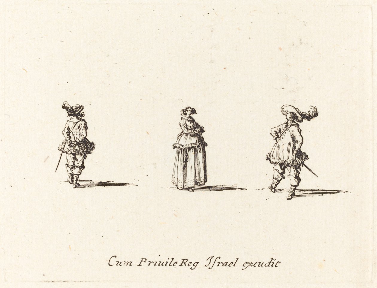Dame met gevouwen armen en twee heren door Jacques Callot