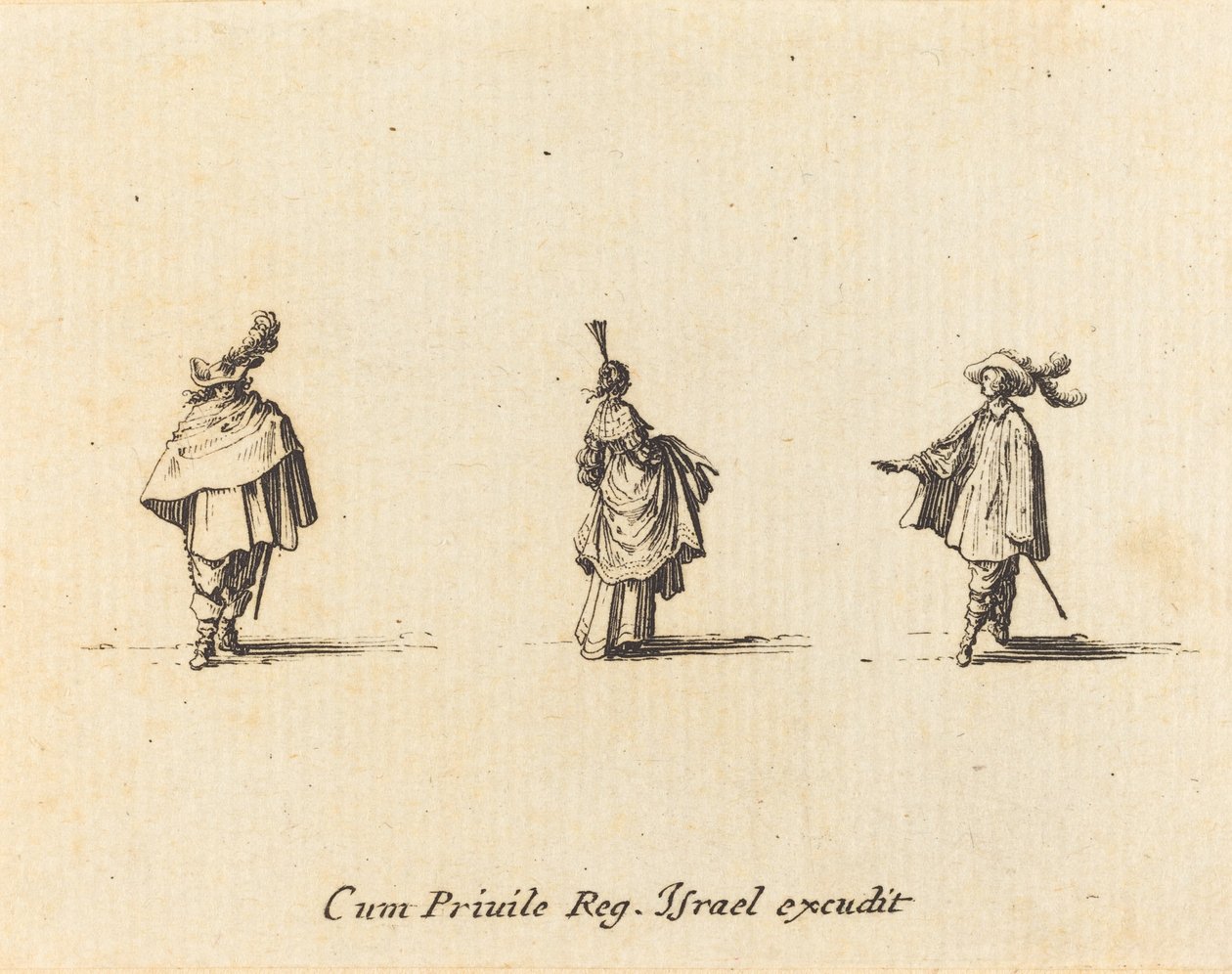Dame met opgetrokken jurk, en twee heren door Jacques Callot