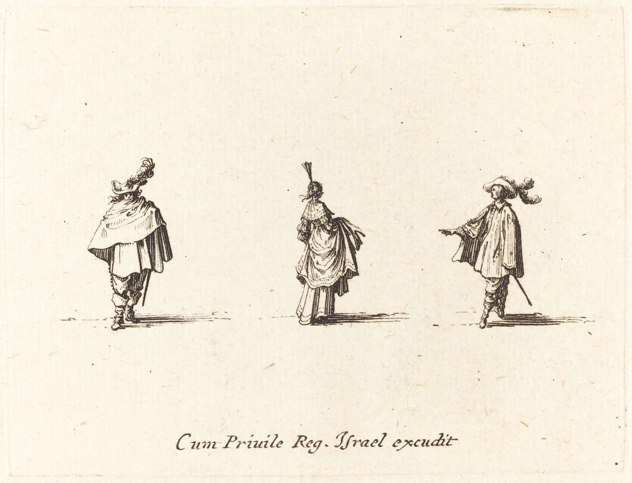 Dame met opgetrokken jurk en twee heren door Jacques Callot