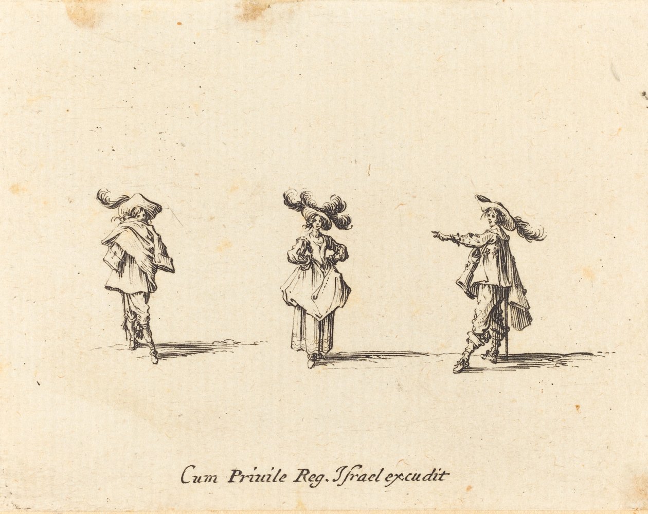 Dame met grote pluimen, en twee heren door Jacques Callot