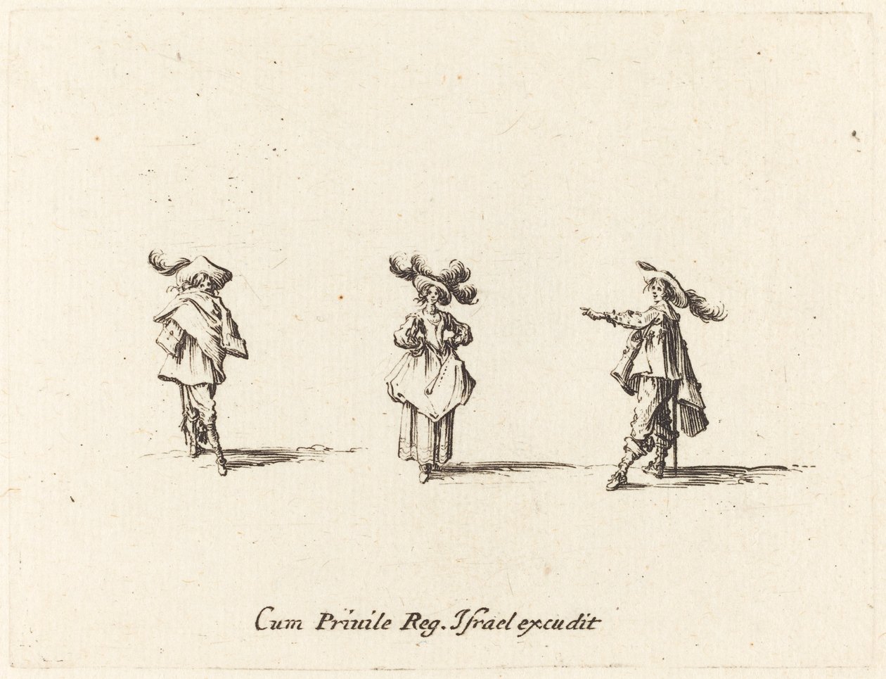 Dame met Grote Pluimen, en Twee Heren door Jacques Callot