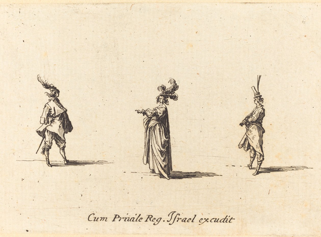 Dame met gevederde hoed en twee heren door Jacques Callot