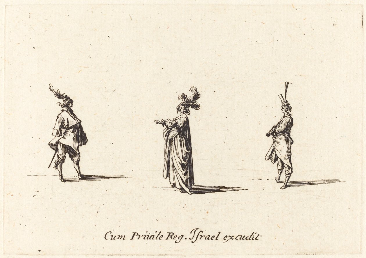 Dame met Gevederde Hoed en Twee Heren door Jacques Callot
