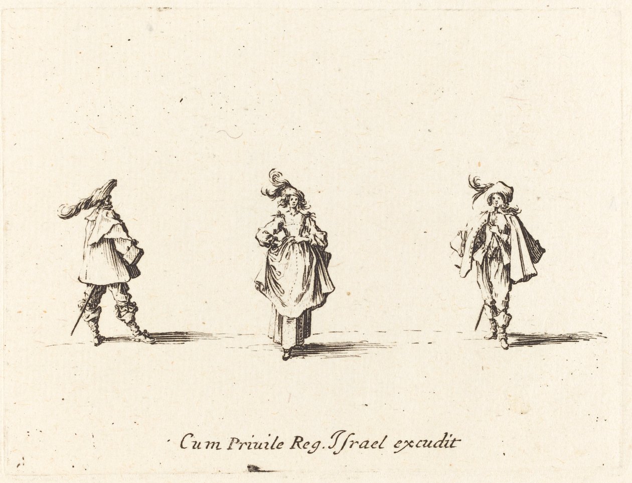 Dame met Pluimen, en Twee Heren, waarschijnlijk 1634 door Jacques Callot
