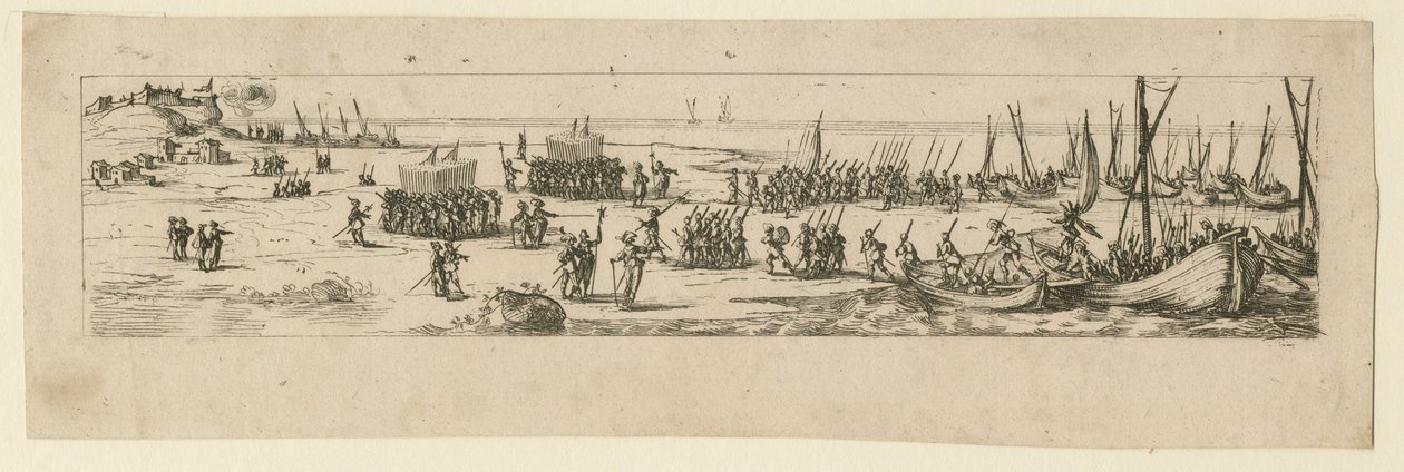 Landing van troepen bij het beleg van La Rochelle door Jacques Callot