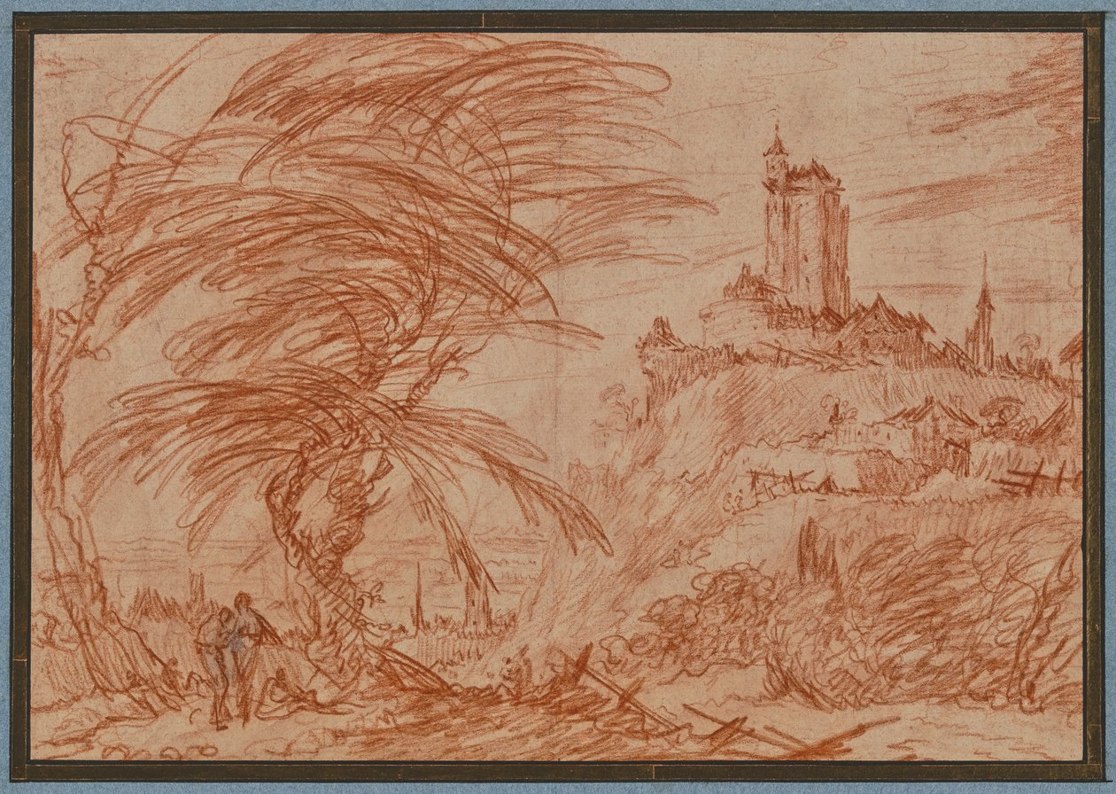 Landschaft, rechts auf einem Hügel ein großer Turm, links eine Baumgruppe und einige Figuren door Jacques Callot