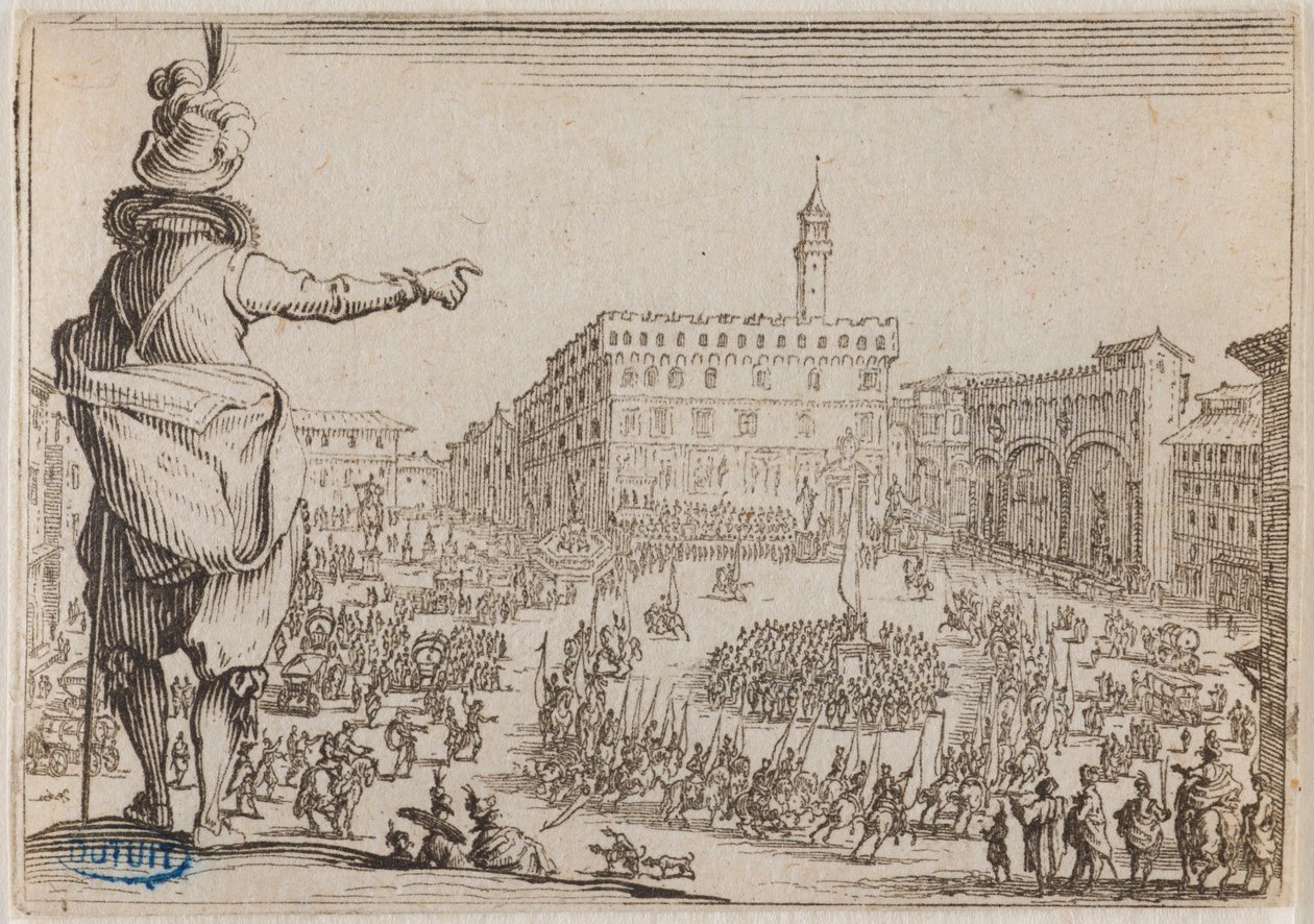 De grillen, Een feest op de Piazza della Signoria in Florence. Zesenveertigste nummer van de reeks van 50 in Nancy gegraveerde prenten (Lieure 473, Meaume 859) door Jacques Callot
