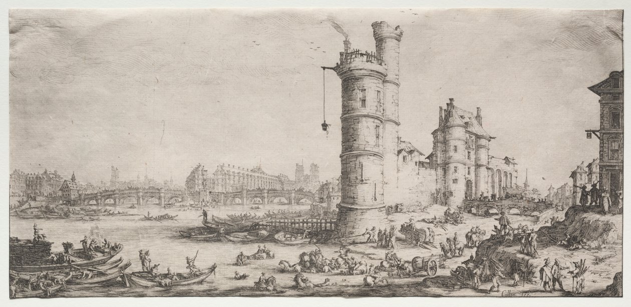 De twee grote uitzichten van Parijs: Uitzicht op de Pont Neuf door Jacques Callot