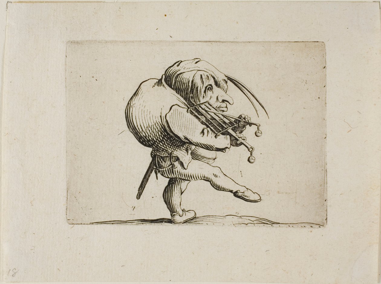 Man die een grill bespeelt als een viool, uit Varie Figure Gobbi door Jacques Callot