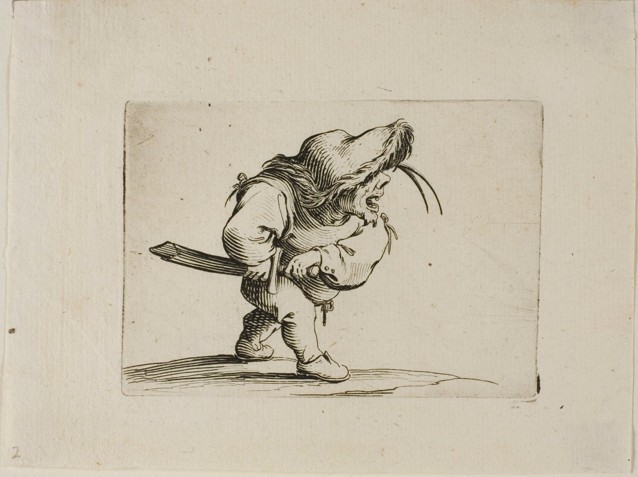 Man die zich voorbereidt om zijn zwaard te trekken, uit Varie Figure Gobbi door Jacques Callot