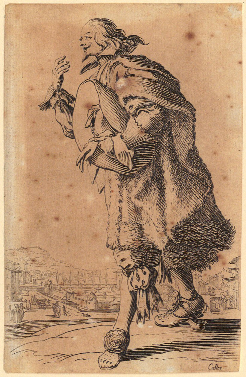 Mann streicht wie Geigenspieler über Grillrost, Blatt 19 der Folge "Die Zwerge" door Jacques Callot
