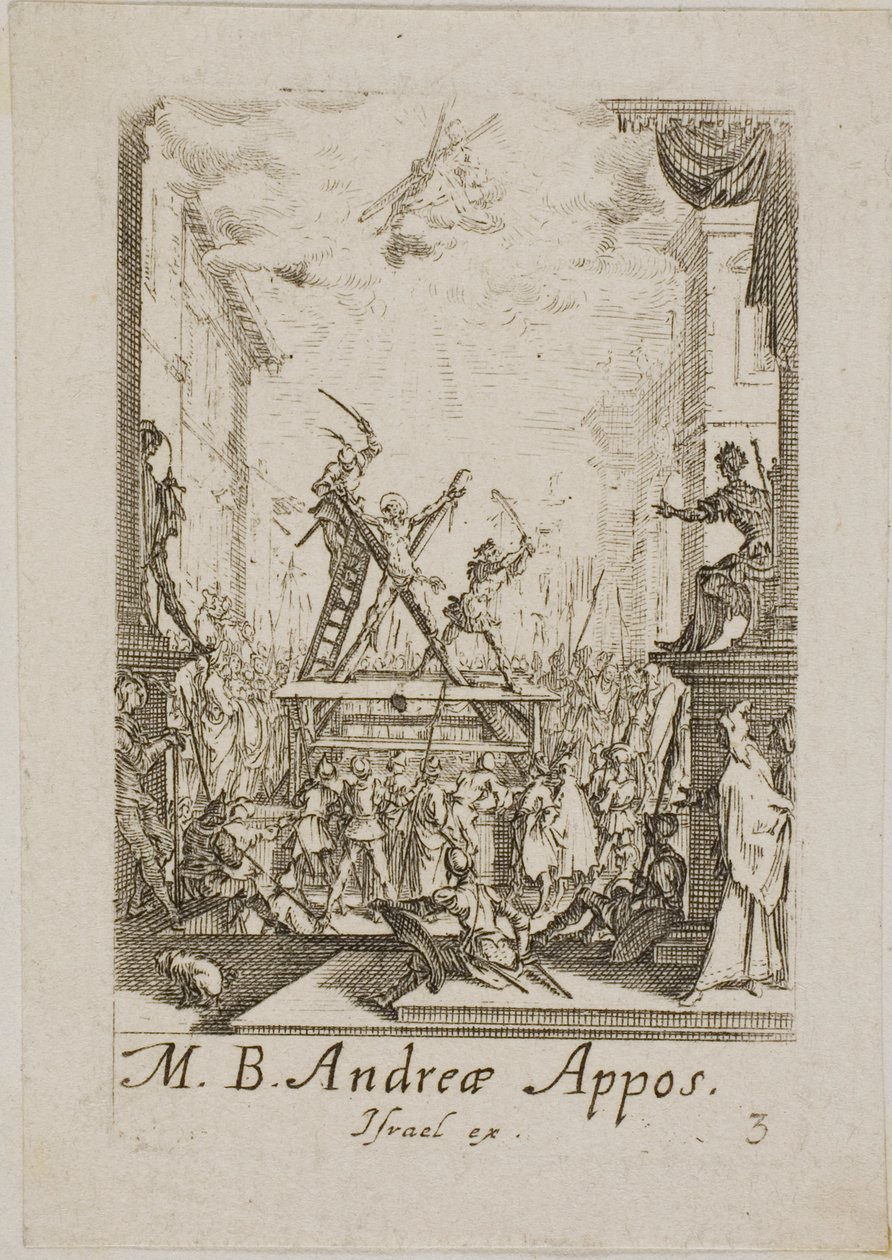 Martelaarschap van Sint-Andreas, plaat drie uit De Martelaars van de Apostelen door Jacques Callot
