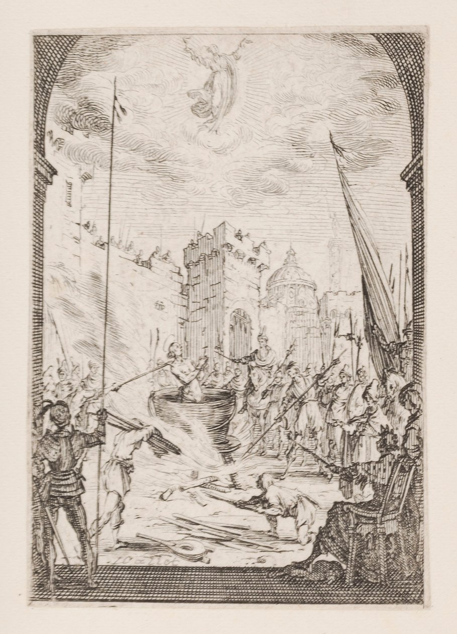 Martelaarschap van St. Johannes de Evangelist, nr. 2 uit Het Martelaarschap van de Apostelen door Jacques Callot