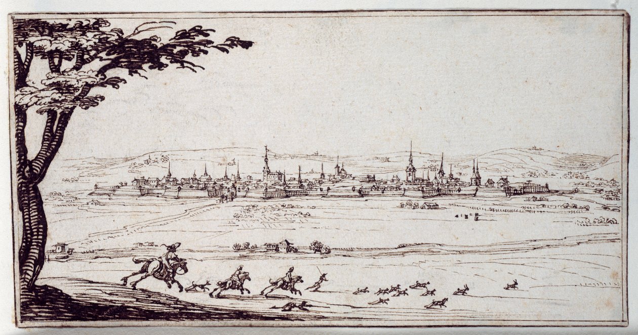 Nancy in de verte: hazewindhonden achtervolgen een haas door Jacques Callot