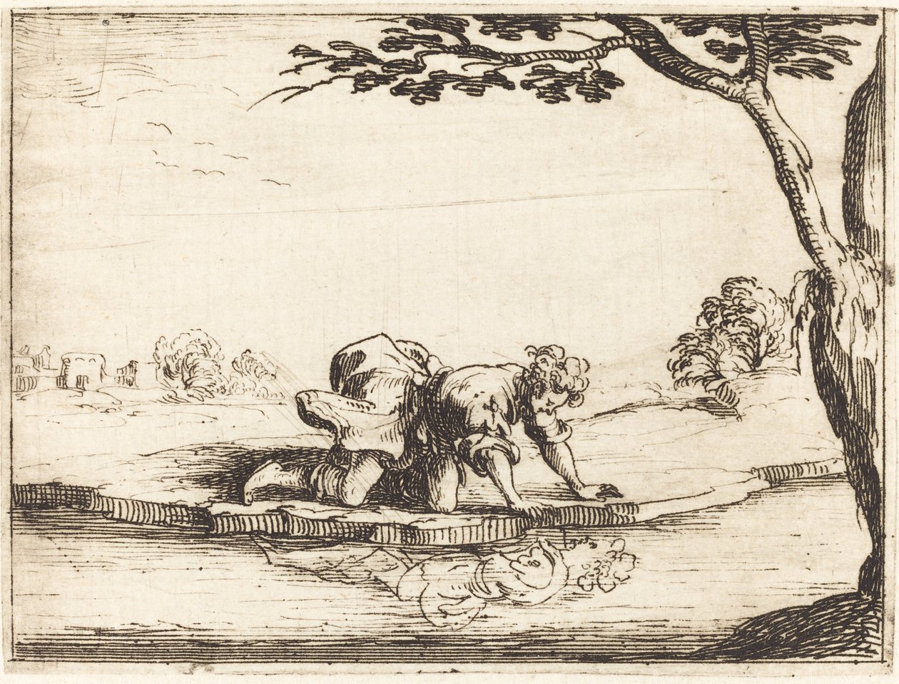 Narcissus Kijkt in het Water door Jacques Callot