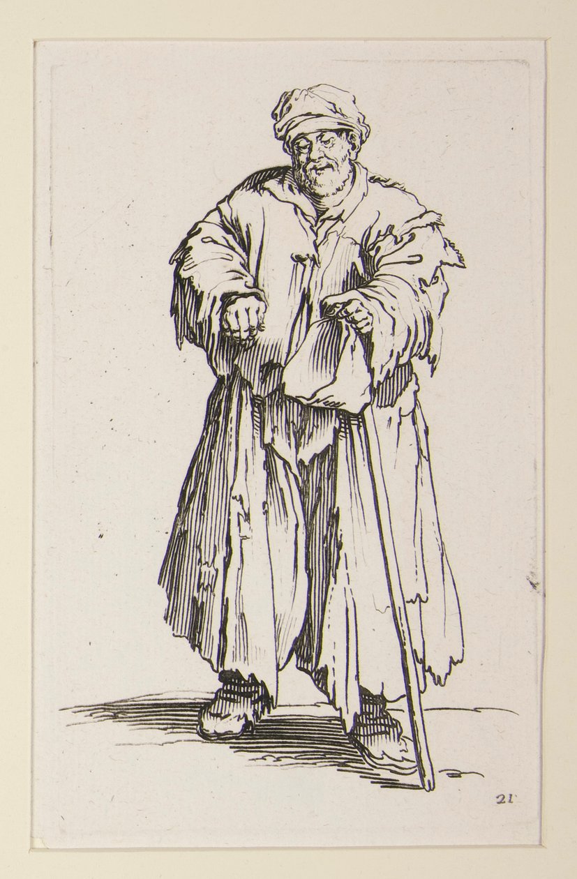 Obese man met neergeslagen ogen, uit de Bedelaars (Le mendiant obese aux yeux baisses) door Jacques Callot