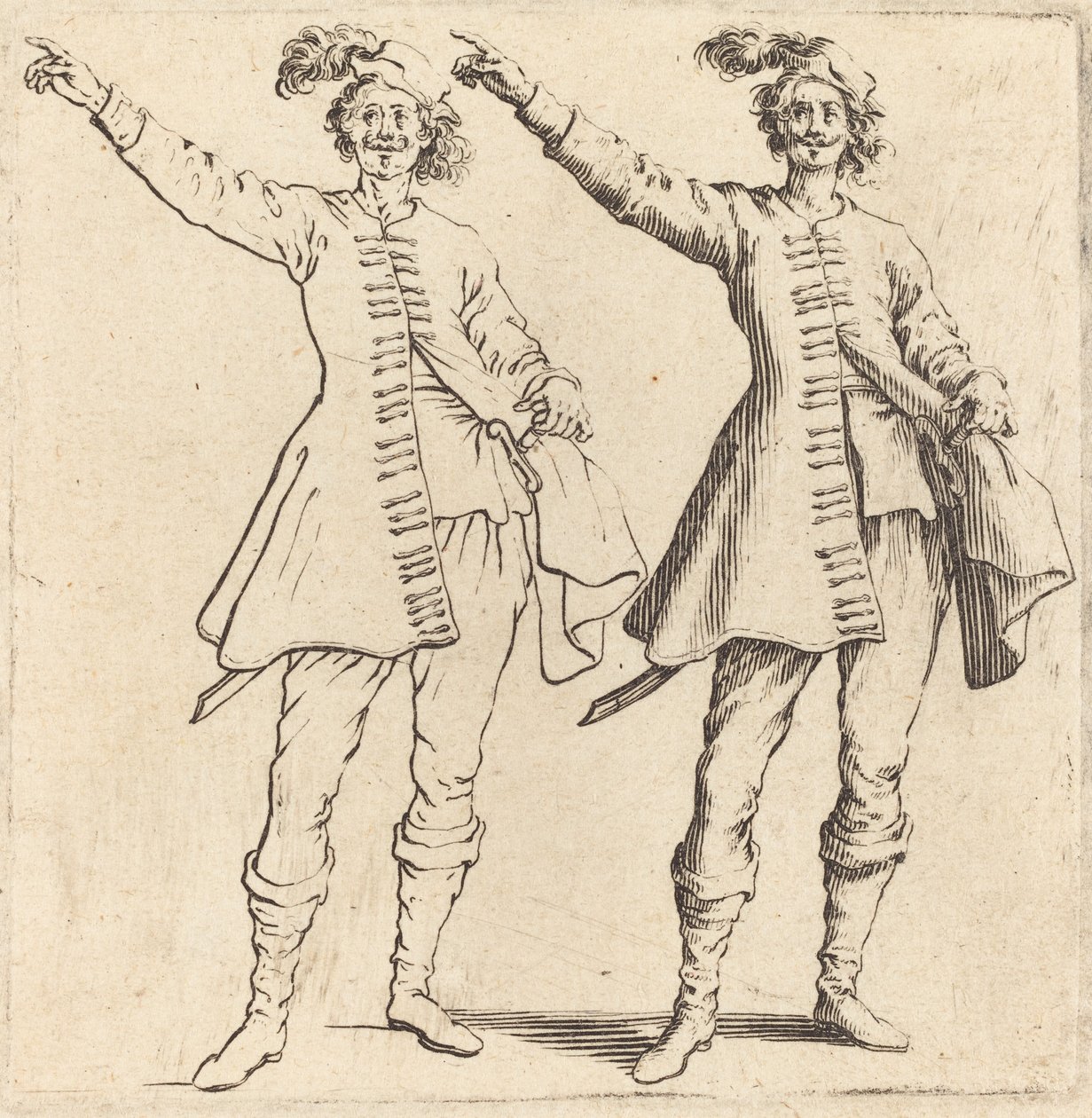 Officier, met uitgestrekte arm, vooraanzicht door Jacques Callot