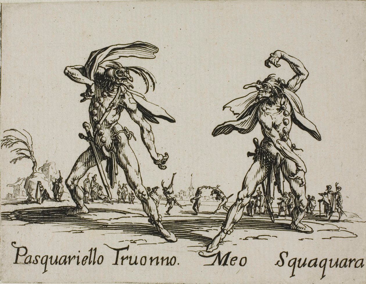 Pasquariello Truonno - Meo Squaquara, plaat 20 van Balli di Sfessania door Jacques Callot