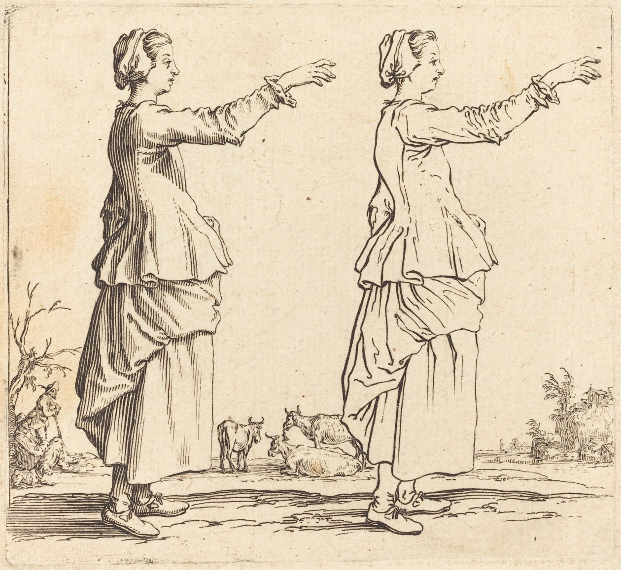 Boerin, in profiel, naar rechts gericht, met uitgestrekte arm door Jacques Callot