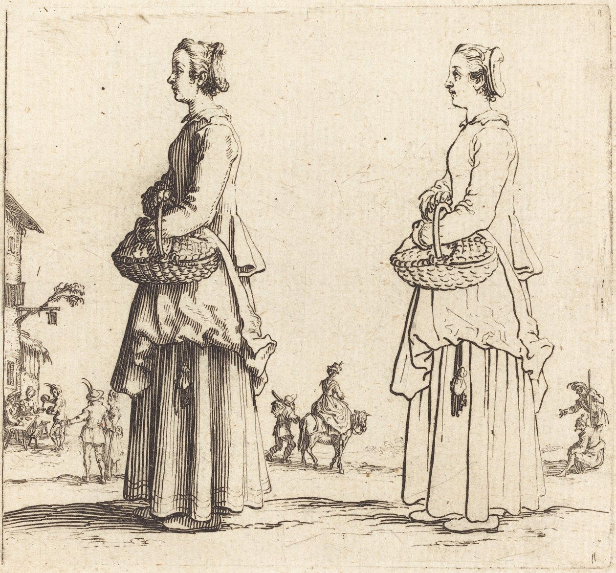 Boerin met mand, in profiel, naar links door Jacques Callot