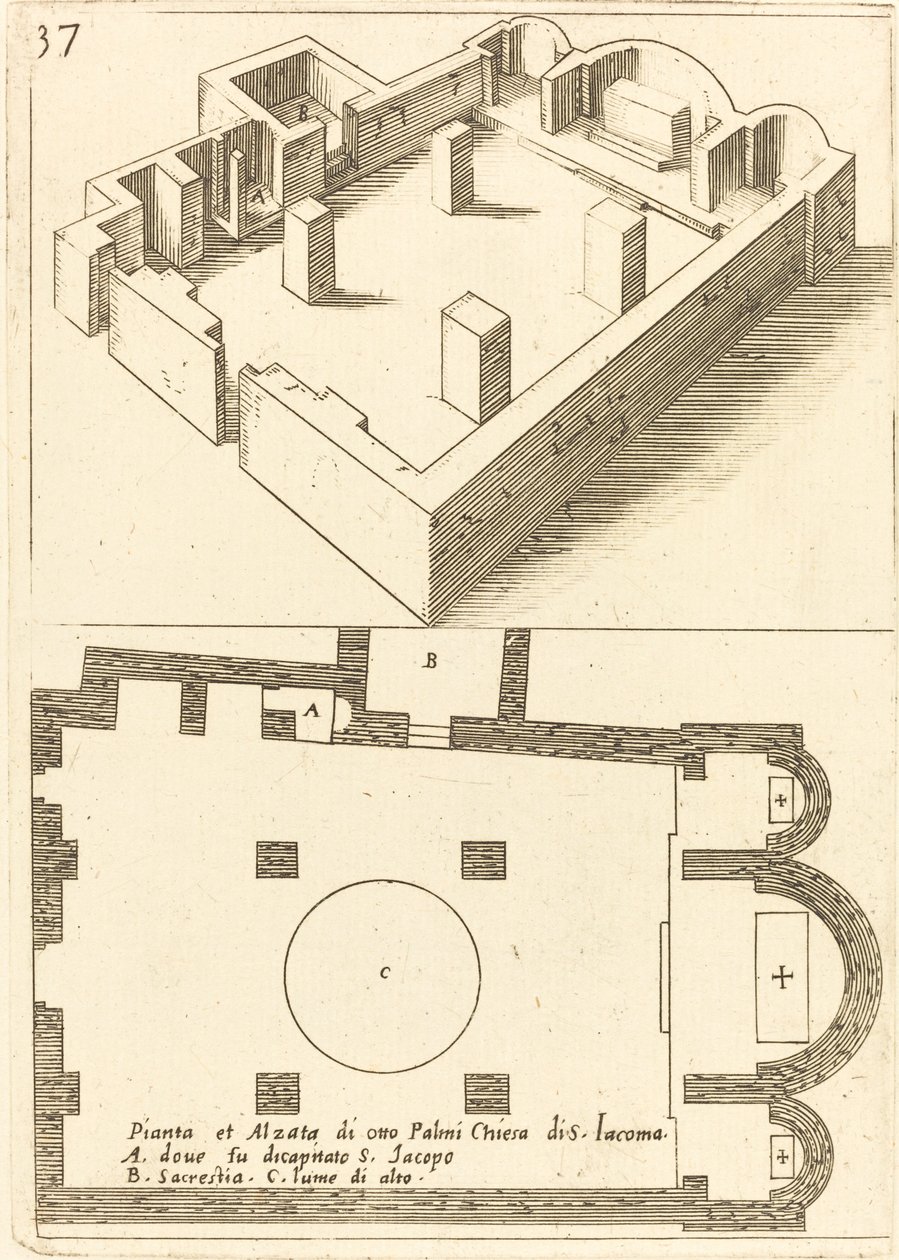 Plattegrond en Elevatie van de Kerk van S. Iacoma door Jacques Callot