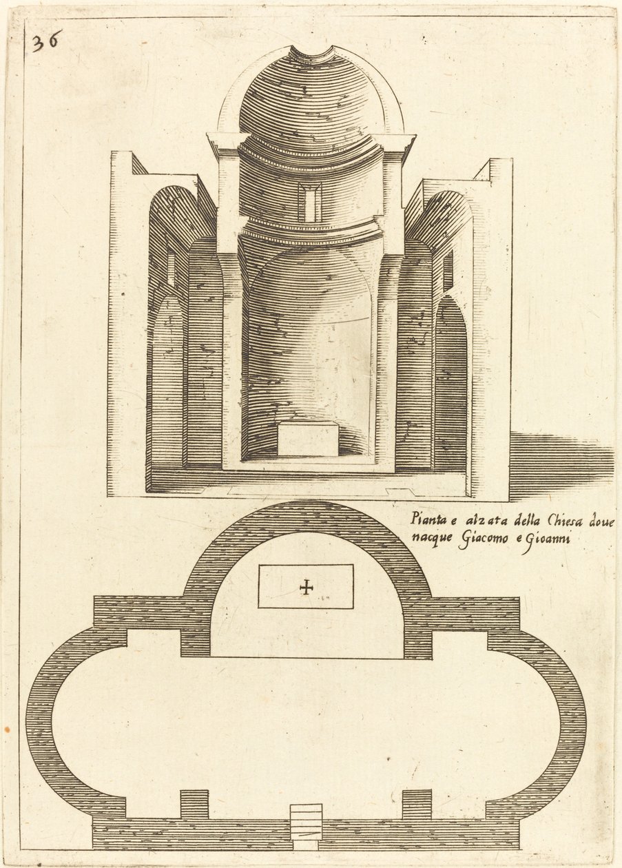 Plattegrond en aanzicht van de kerk van Sint Jacobus en Johannes door Jacques Callot