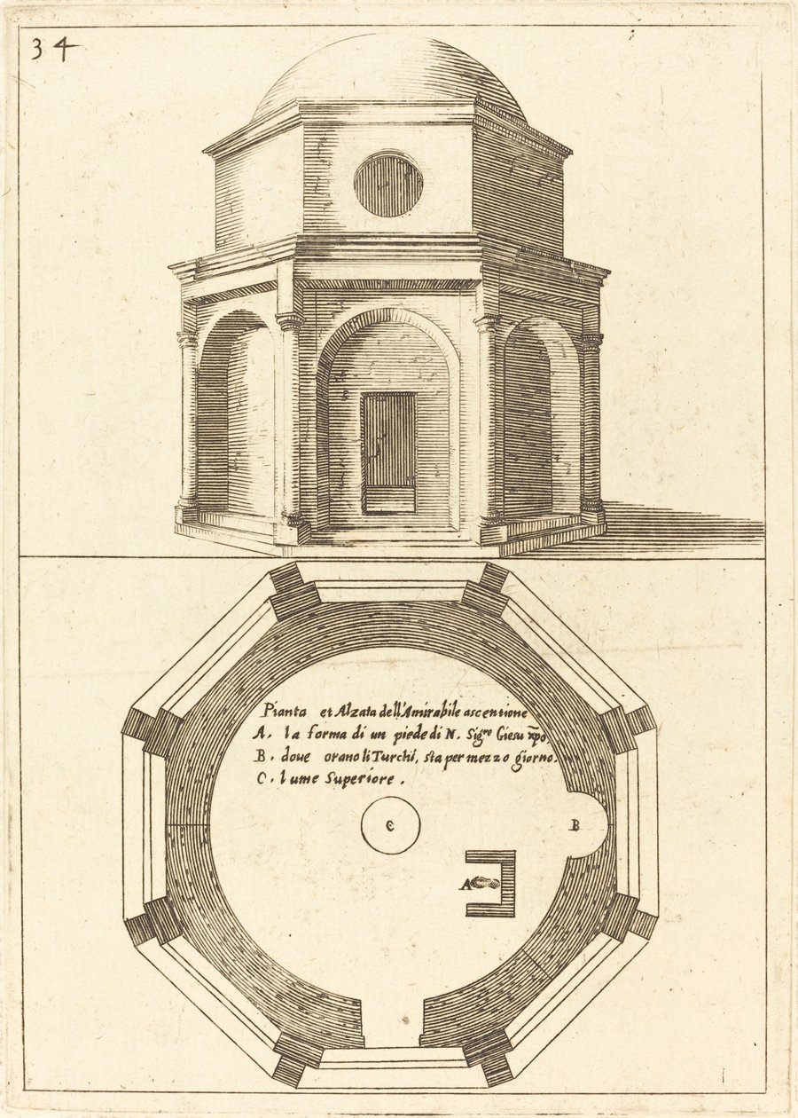 Plattegrond en elevatie van de Kerk van de Hemelvaart door Jacques Callot