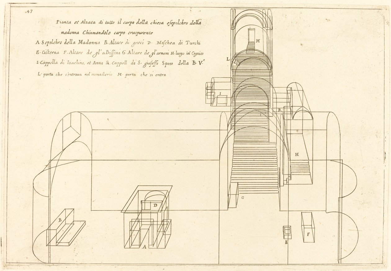 Plattegrond en aanzicht van de kerk van het graf van de Madonna door Jacques Callot